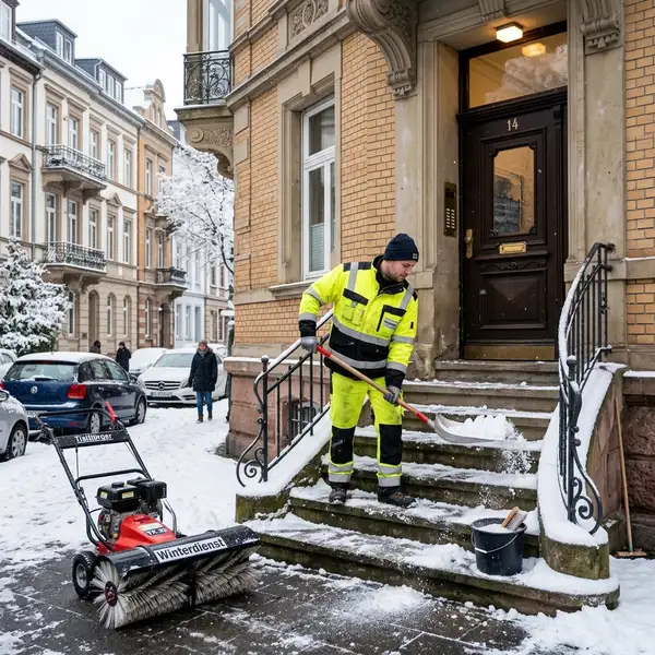 Manuelle Schneeräumung Frankfurt – Winterdienst-Mitarbeiter räumt Treppenstufen mit Schneeschieber