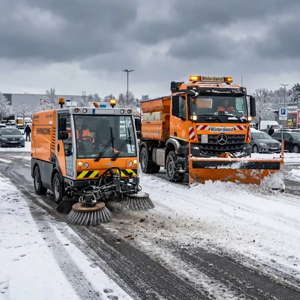 Schneepflug Frankfurt – Kehrmaschine und Schneepflugfahrzeug im Paralleleinsatz auf einem Großparkplatz
