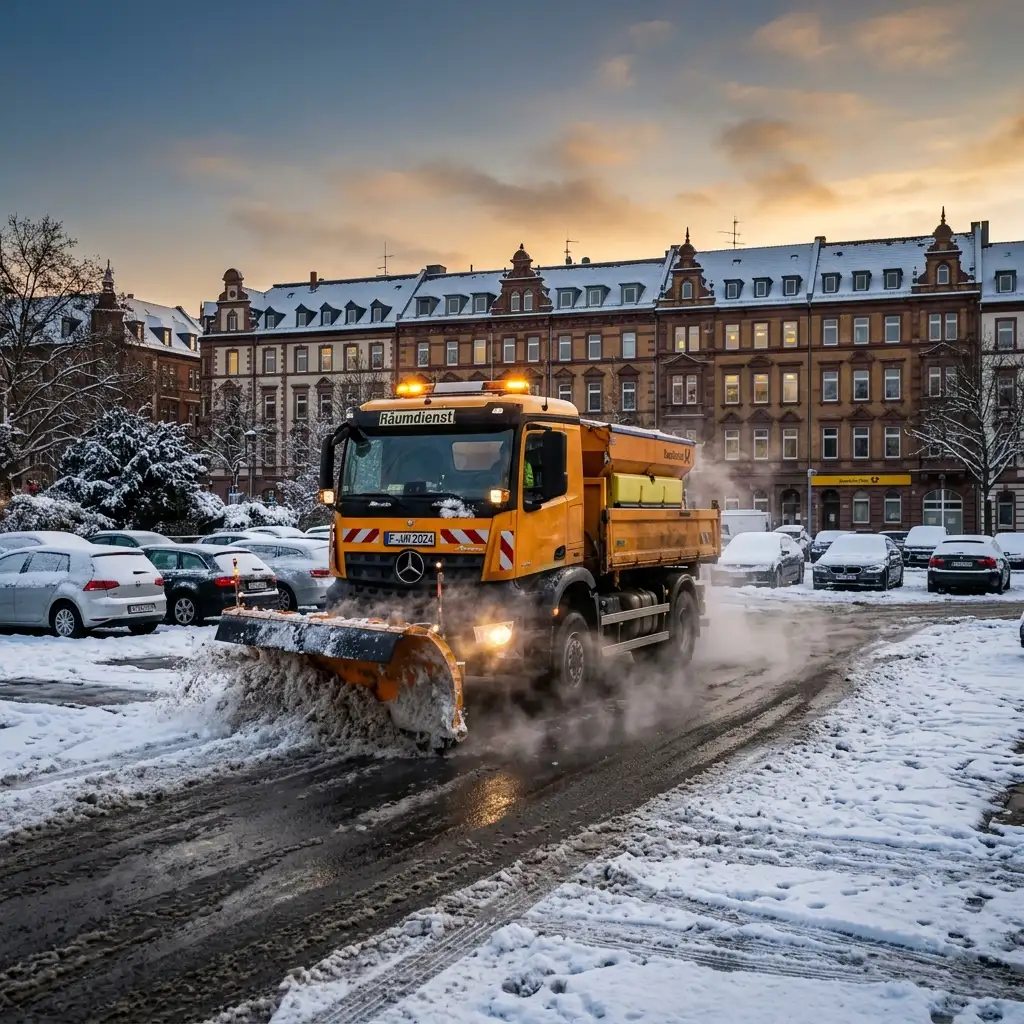 Winterdienst Frankfurt – Räumfahrzeug räumt schneebedeckten Parkplatz im Morgengrauen